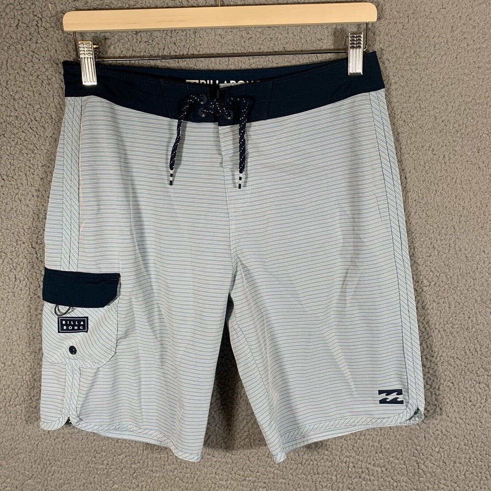 S Billabong Board Shorts Mens 28 Blue Striped Unlined Surf Beach Platinum X EUC